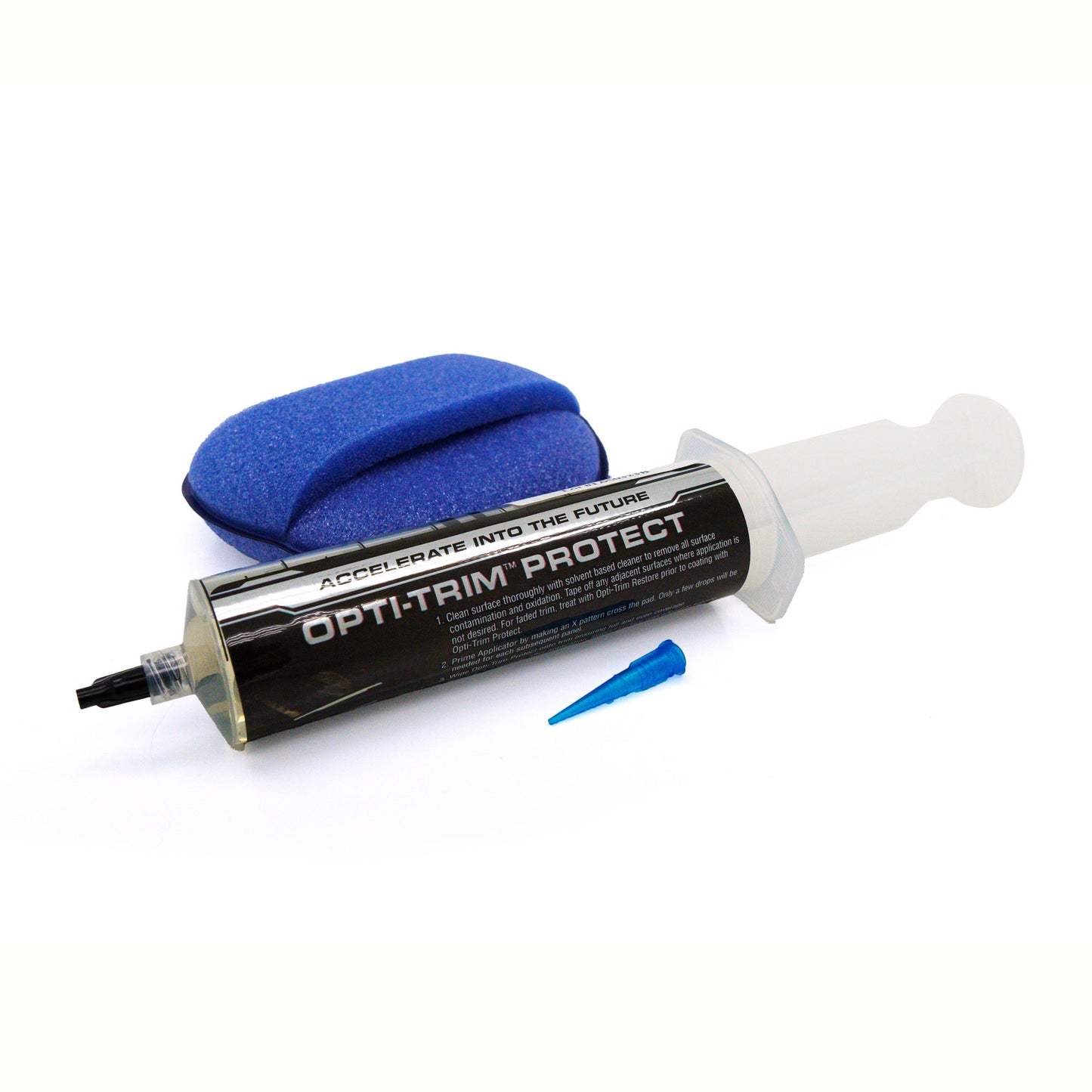 Product shot of the Opti-Trim Protect kit on a white background featuring a clear syringe filled with amber liquid labeled "ACCELERATE INTO THE FUTURE", a vibrant blue applicator sponge, and a small blue conical nozzle