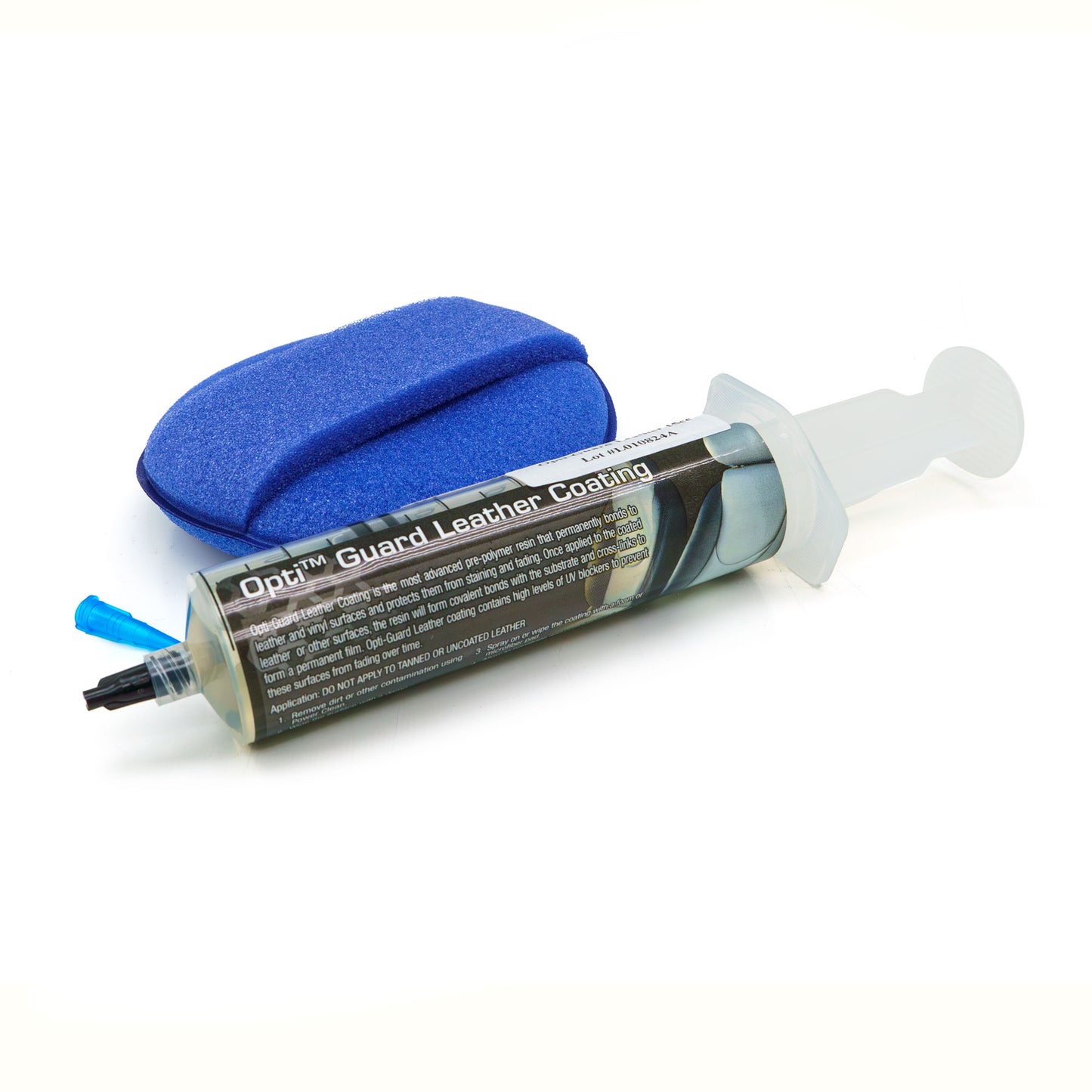 Product photography showing an Opti-Guard Leather Coating syringe applicator with a clear plunger and blue tip, alongside a bright blue foam applicator pad, all on a stark white studio background