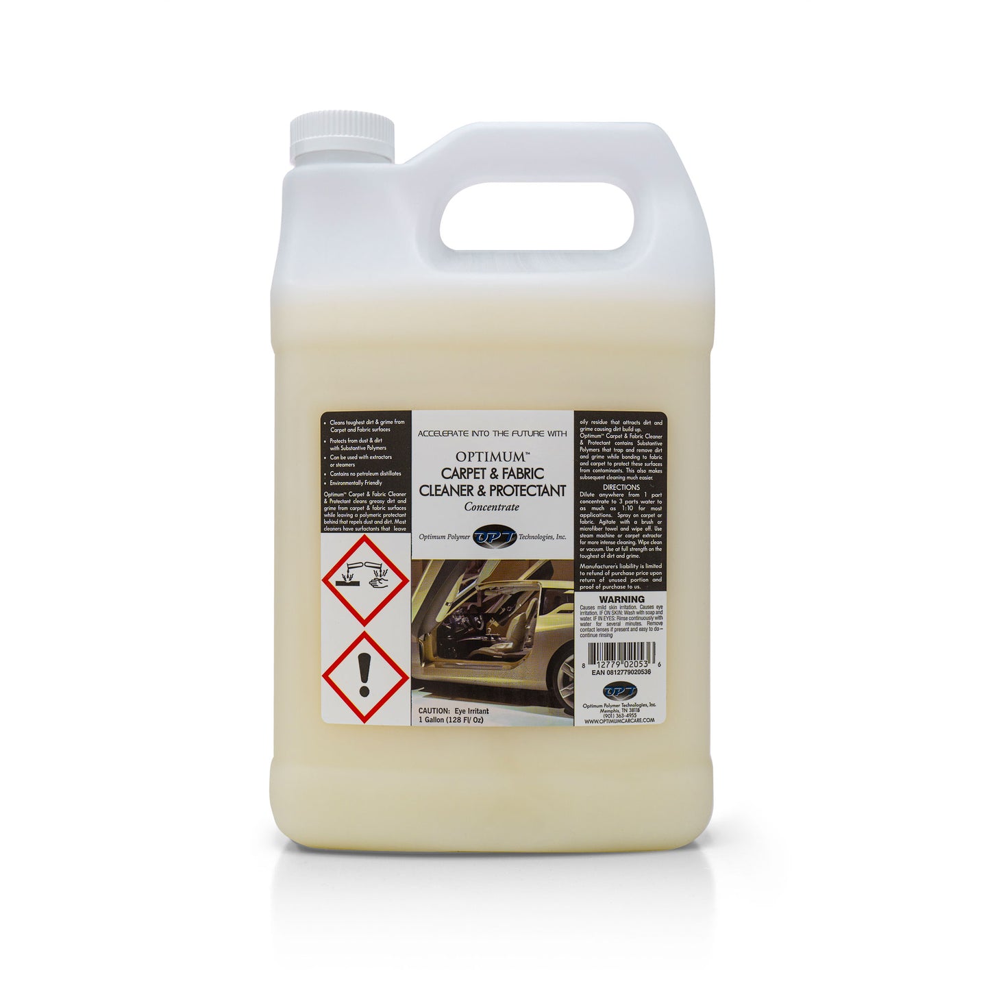 Digital photograph of a white one-gallon jug of Optimum Carpet & Fabric Cleaner & Protectant Concentrate, featuring a detailed black label with a luxurious beige car interior, two prominent red chemical hazard symbols, and text indicating "CAUTION: Eye Irritant"