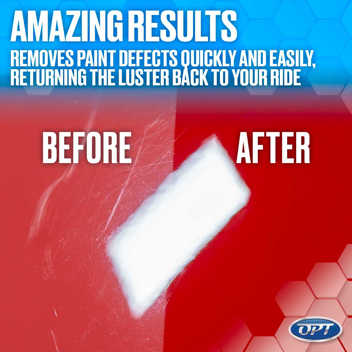 A vivid red car paint before and after comparison showing numerous swirl marks and scratches on the left section transitioning to a perfectly smooth glossy finish on the right where a white application pad has been used with text promoting amazing results in paint defect removal