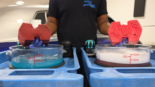 Demo showing two BRS 2.0 sponges, one stained and one not stained