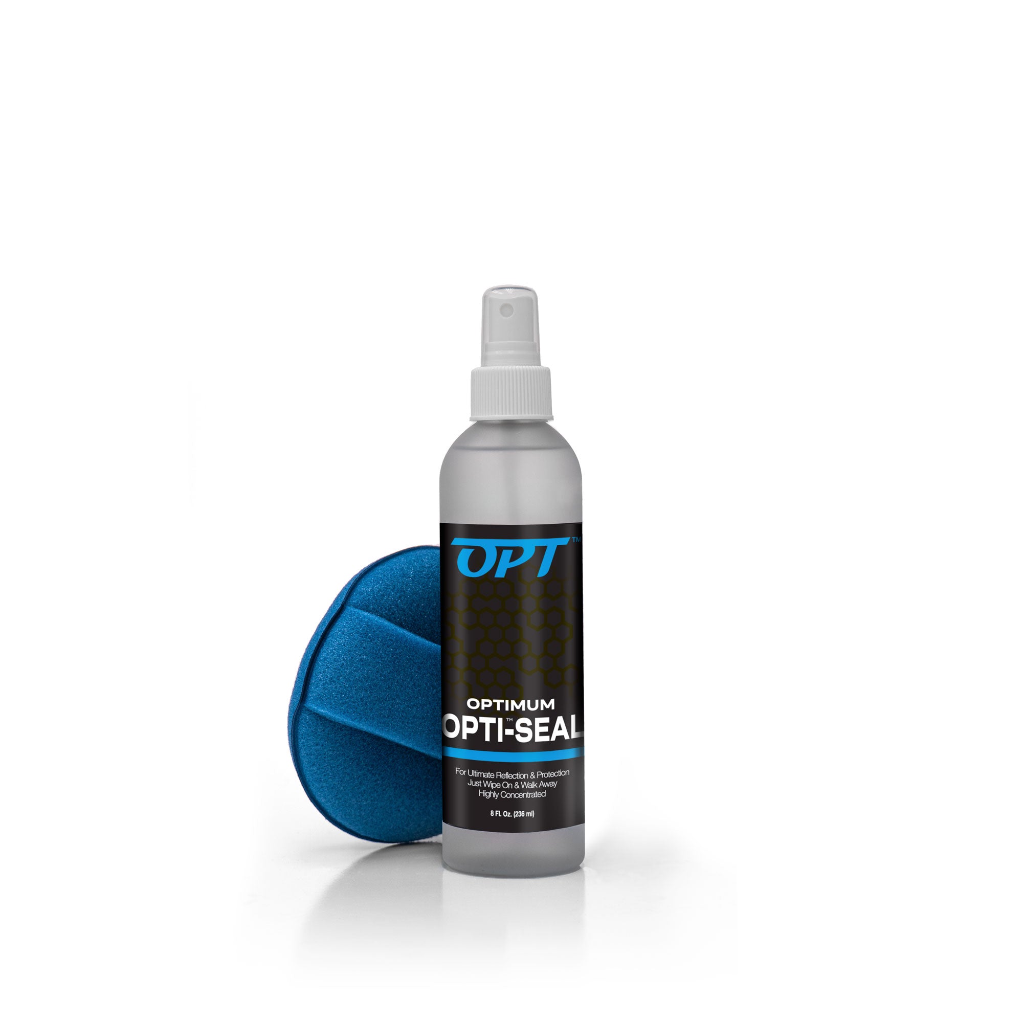 A product photograph of a silver Optimum Opti-Seal spray bottle with a black label featuring a blue OPT logo and the text 'For Ultimate Reflection & Protection', positioned next to a vibrant blue applicator pad on a reflective white surface
