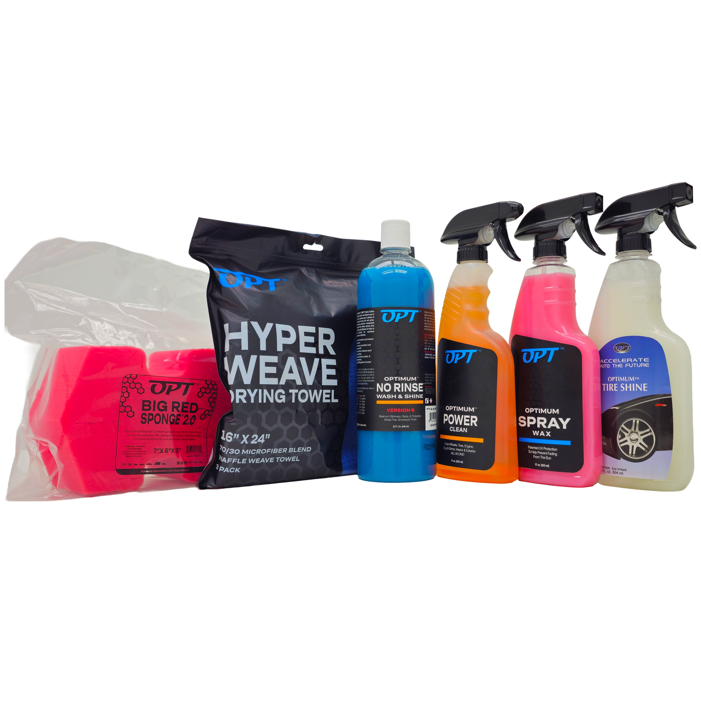 Optimum No Rinse Version 6 Exterior Detail Kit with ONR, BRS, Hyper Weave Towels, APC, Wax, Tire Shine